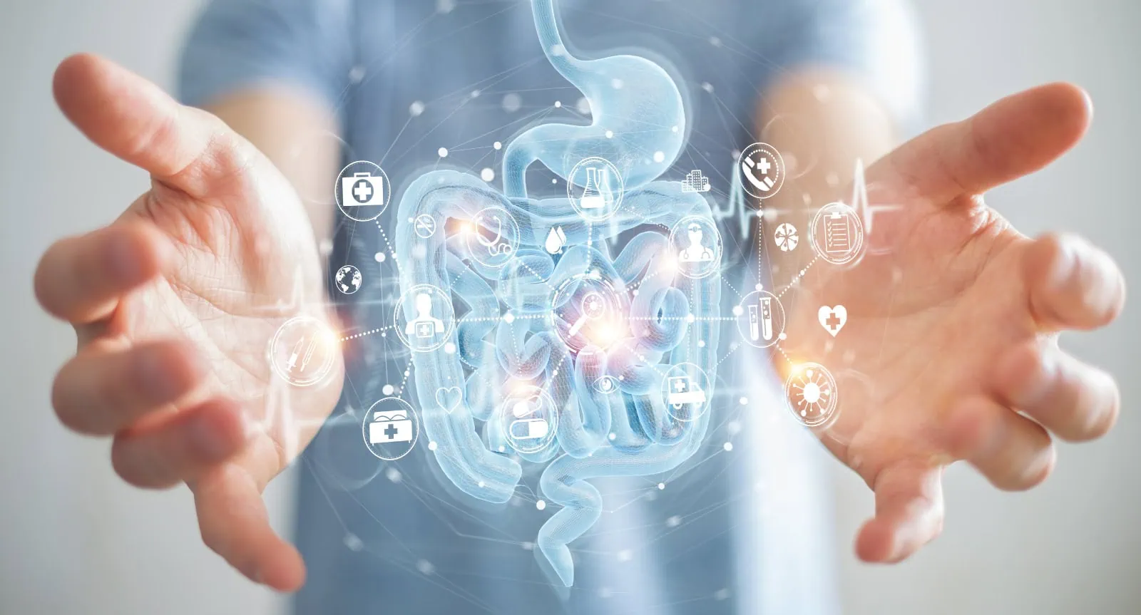 Man using digital x-ray of human intestine holographic scan projection 3D rendering