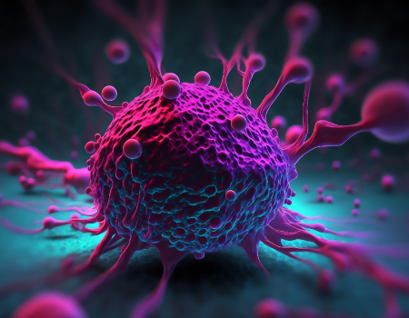 Abstract 3D illustration of a tumour cell with spiky protrusions in neon pink and blue against a dark background.