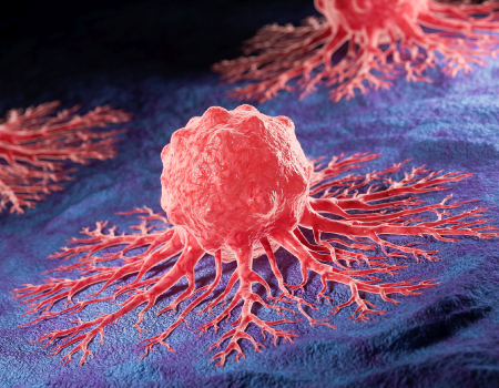 3D illustration of a cancer cell spreading across surrounding tissue.