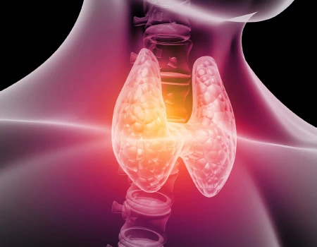 3D medical illustration showing human endocrine glands in glowing red tones