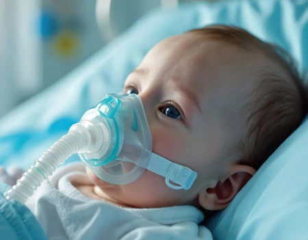 Young child wearing oxygen mask