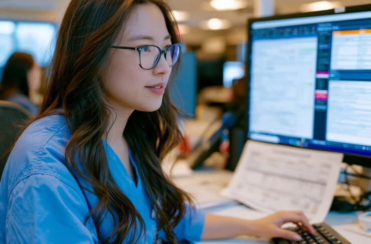 Pharmacovigilance analyst at workstation