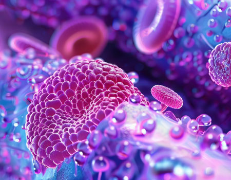Magnified illustration of blood and cancer cells